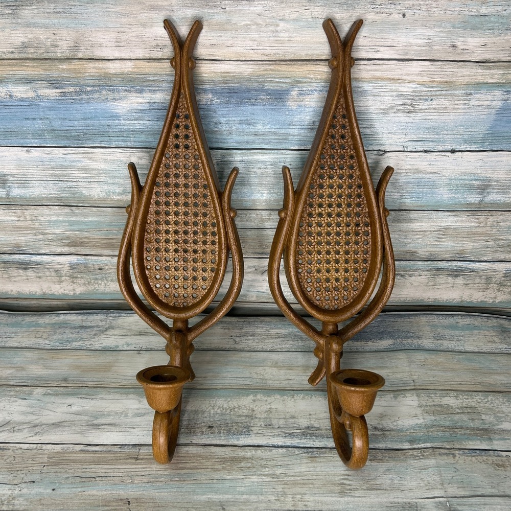 Homco Faux Rattan Wicker Teardrop Wall Sconce Candle Holders #4226 Boho Set‎